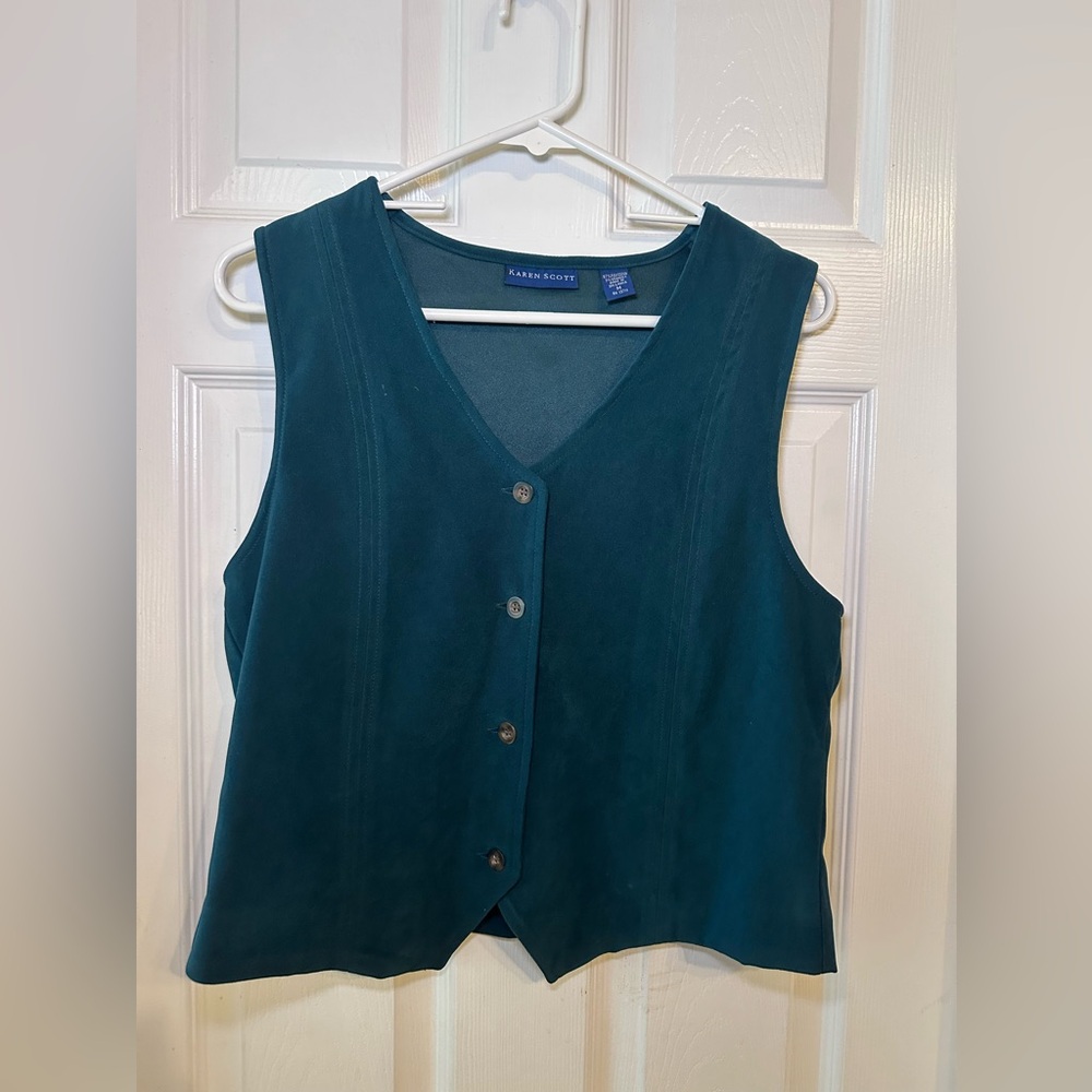 Karen Scott Teal Faux-Suede Button Front Vest